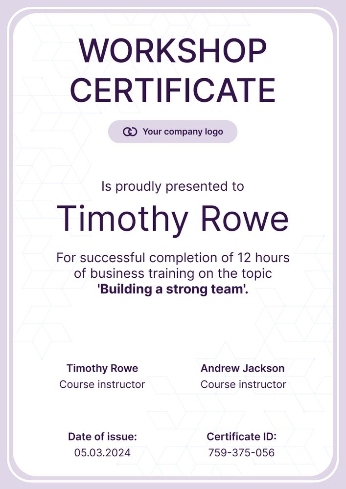 Fresh and professional workshop certificate template portrait