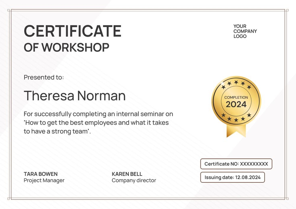 Printable and professional workshop certificate template landscape