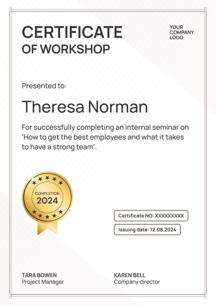 Printable and professional workshop certificate template portrait