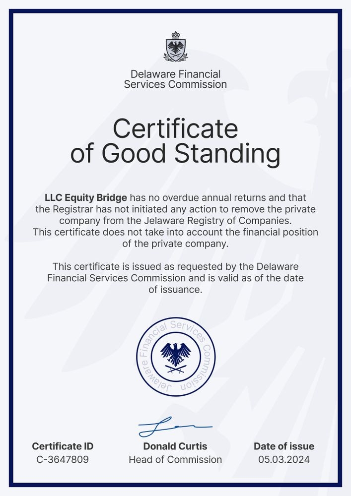 Official and professional certificate of good standing template portrait