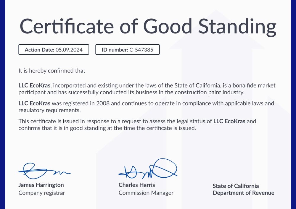 Formal and professional certificate of good standing template landscape