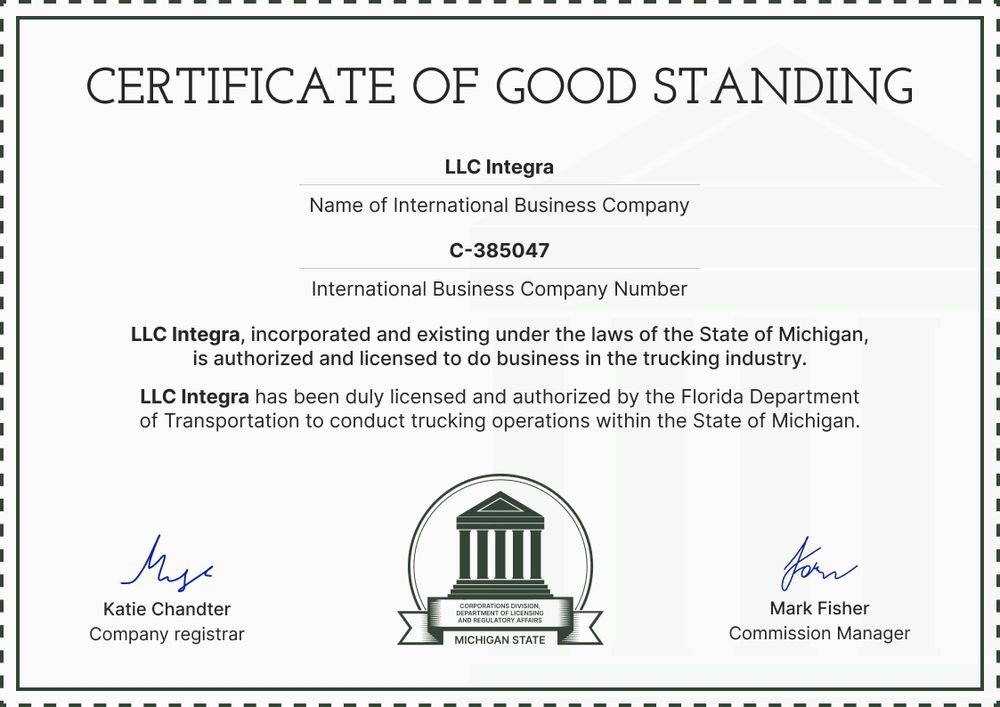 Recognizable and professional certificate of good standing template landscape