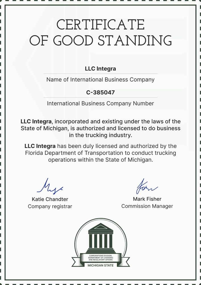 Recognizable and professional certificate of good standing template portrait