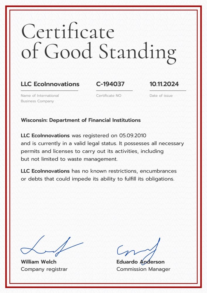 Validated and professional certificate of good standing template portrait