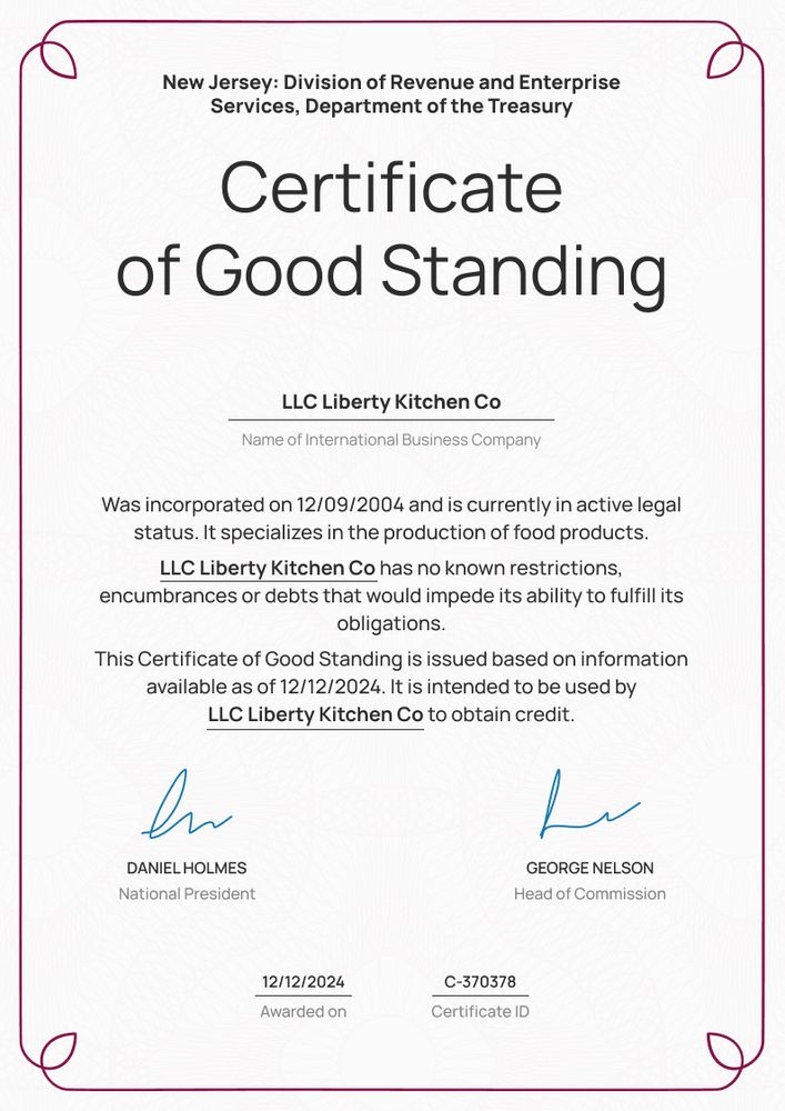 Detailed and professional certificate of good standing template portrait