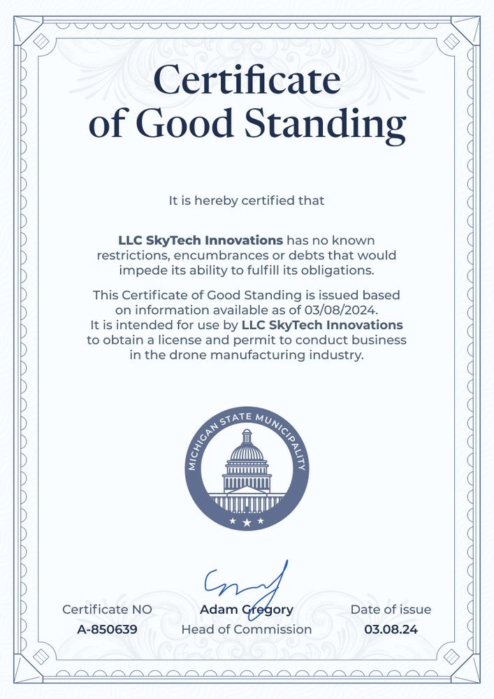 Respectable and professional certificate of good standing template portrait