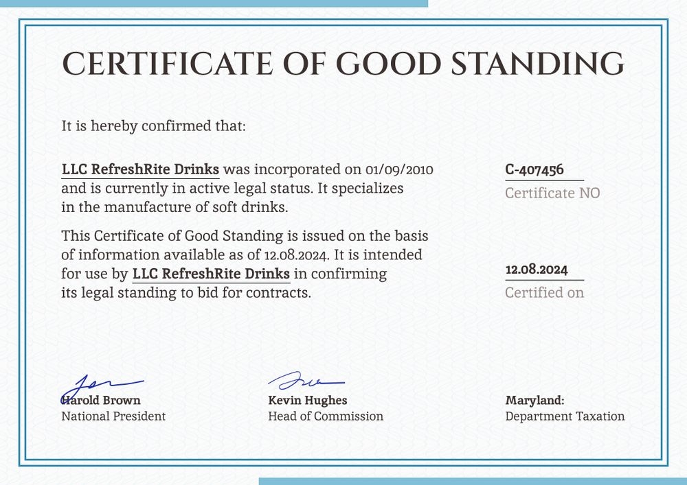 Legitimate and professional certificate of good standing template landscape
