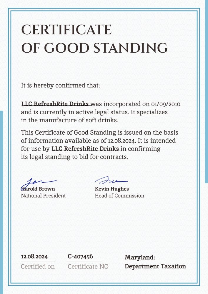 Legitimate and professional certificate of good standing template portrait