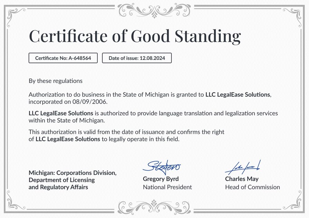 Ornate and professional certificate of good standing template landscape
