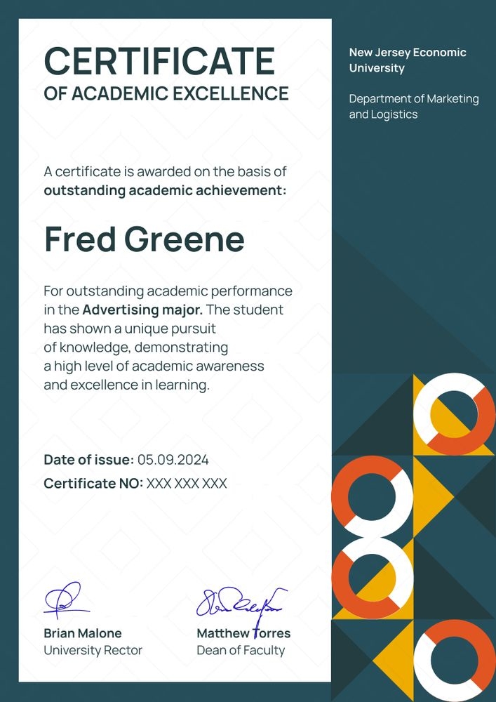 Tweaked and professional academic certificate template portrait