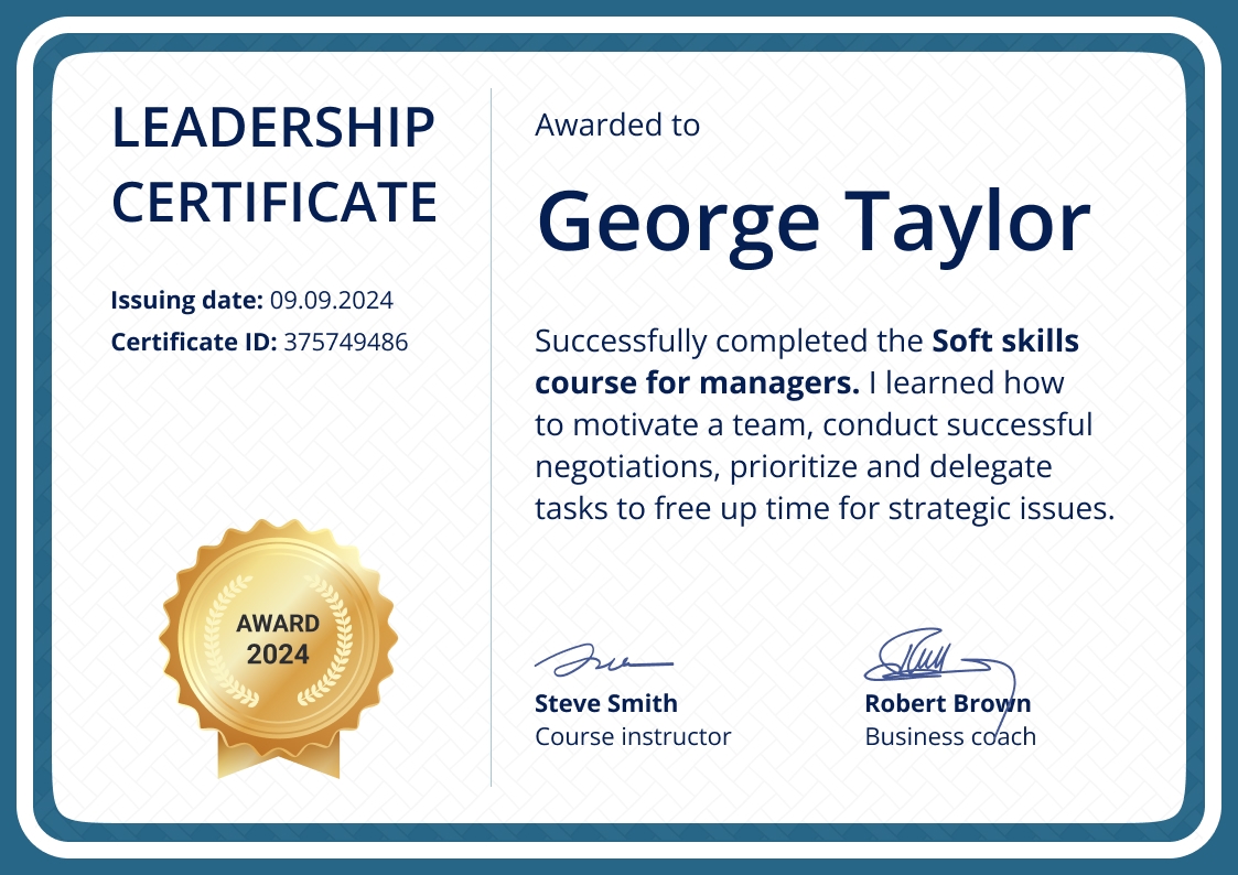 Framed and professional leadership certificate template landscape