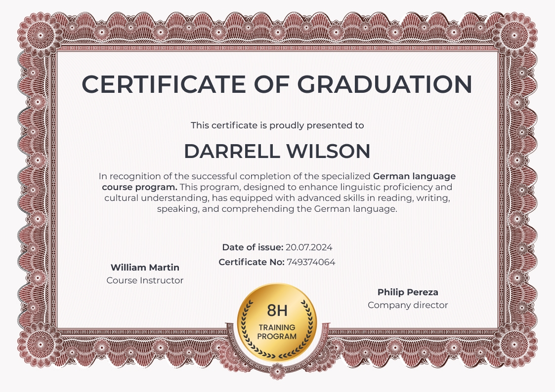 Ornate professional graduation certificate template landscape