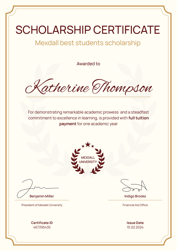 Refined and professional scholarship certificate template portrait