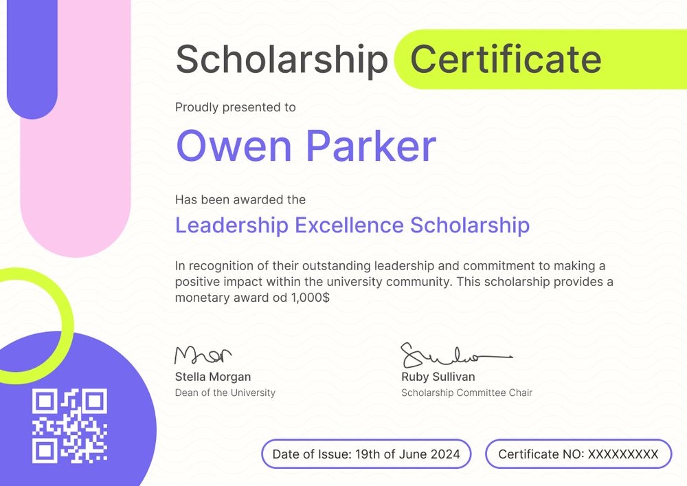 Vibrant and modern scholarship certificate template landscape