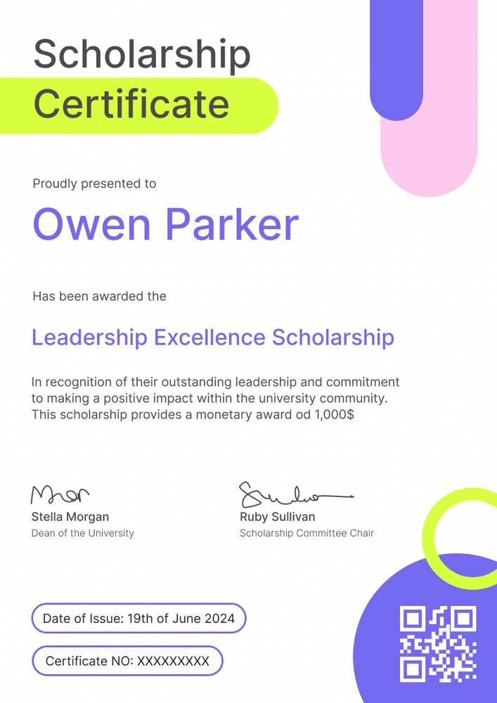 Vibrant and modern scholarship certificate template portrait