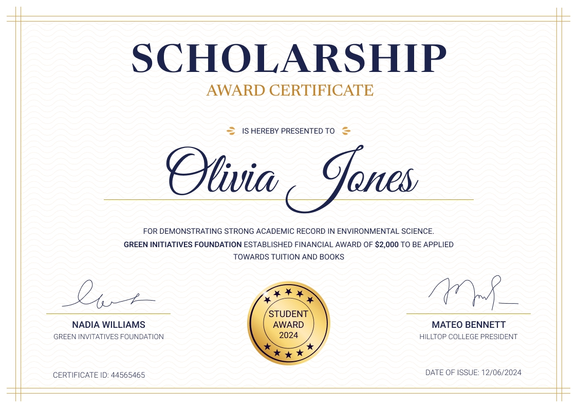 Graceful and formal scholarship certificate template landscape