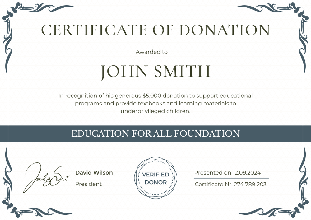 Ornamental and professional donation certificate template landscape