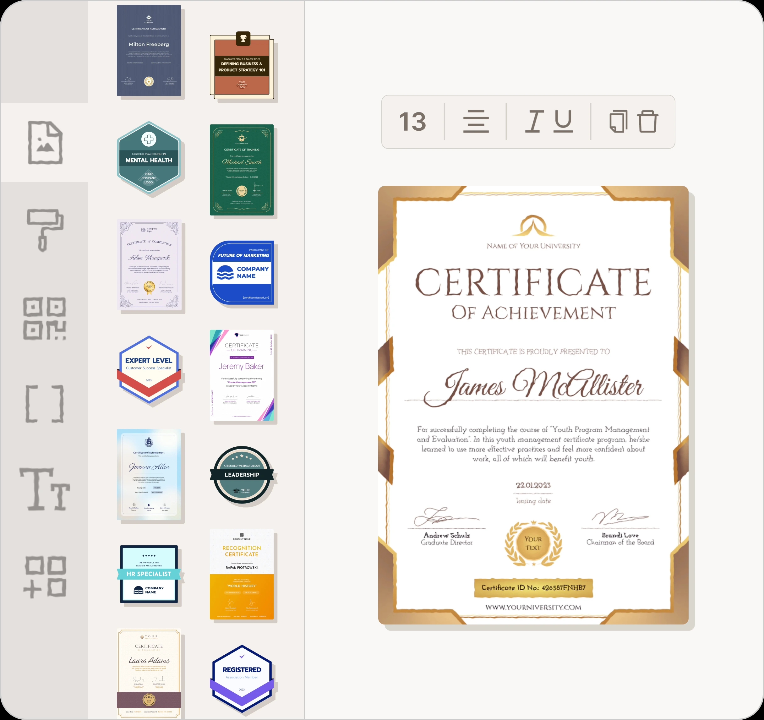 Create certificates easily with customizable templates