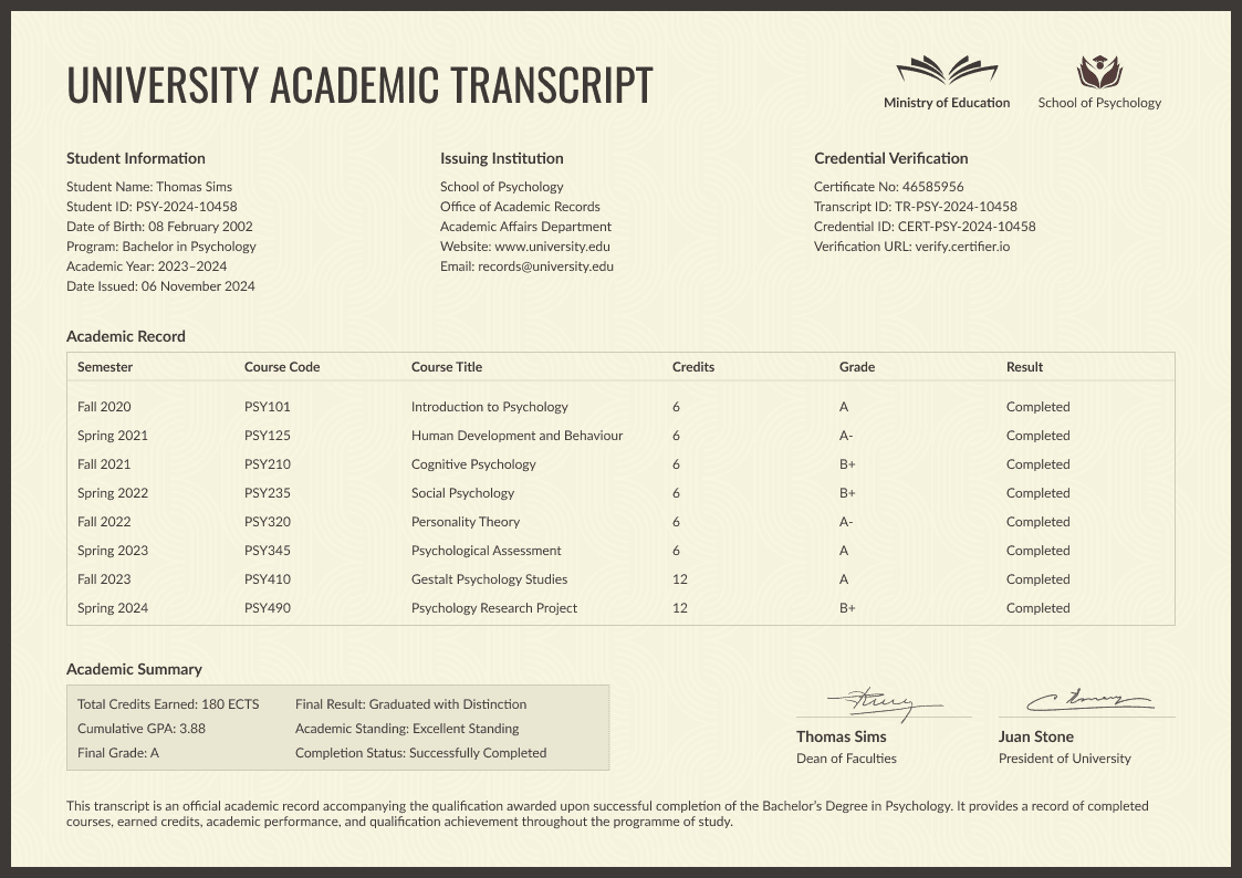 Beige University Academic Transcript image 1