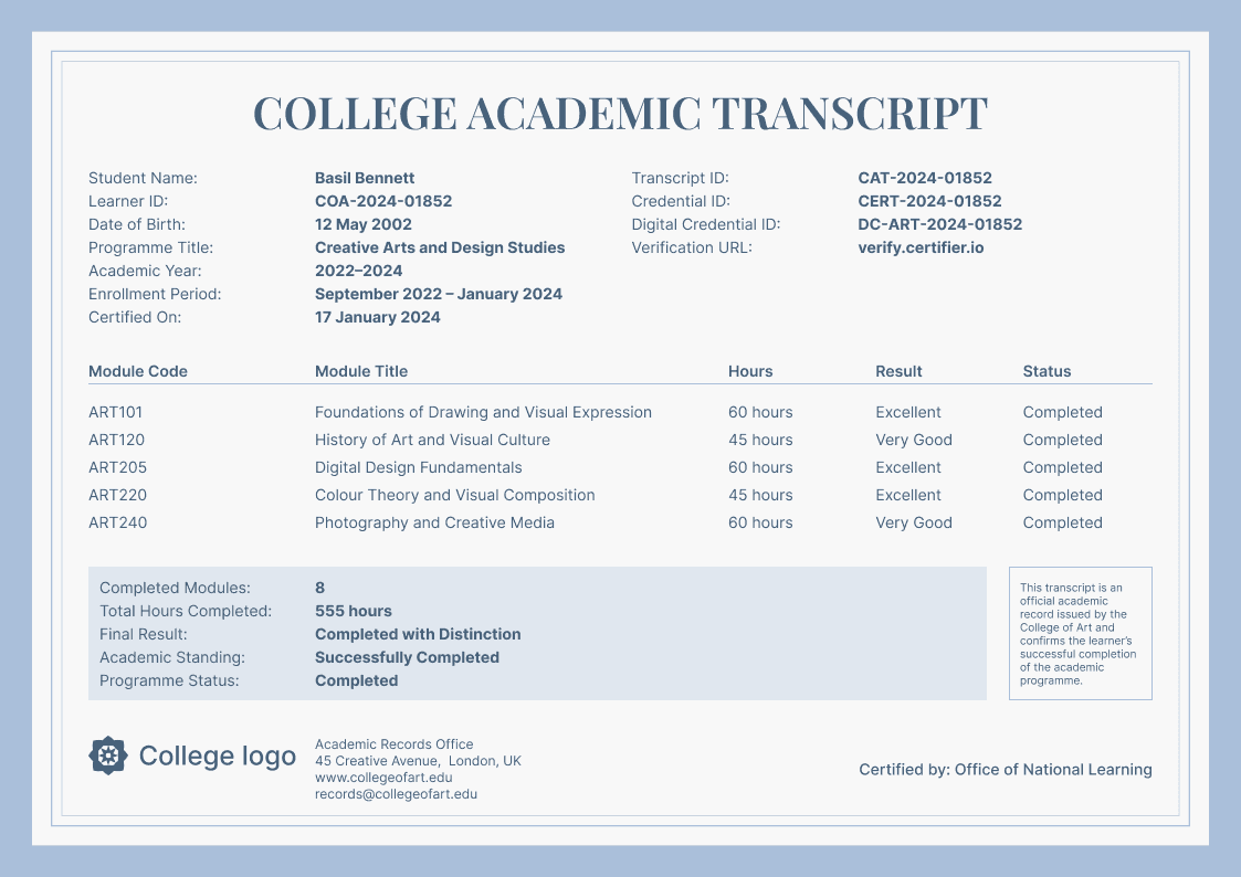 Blue College Academic Transcript image 1