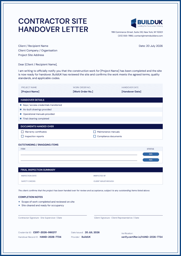 Blue Site Handover Letter image 1