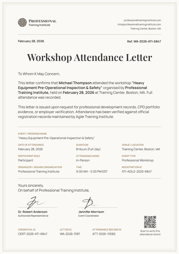 Brown Workshop Attendance Letter image 1