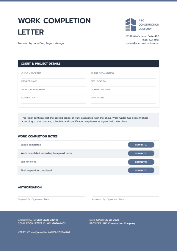 Poseidon Blue Work Completion Letter image 1