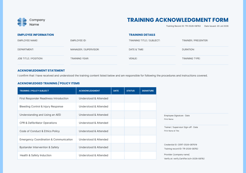 Blue Training Acknowledgement Form image 1