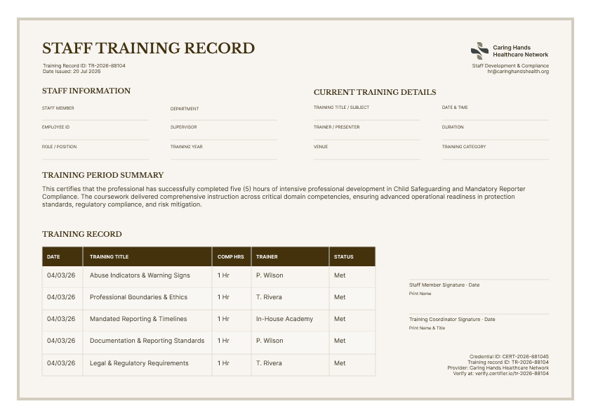 Brown Staff Training Record image 1