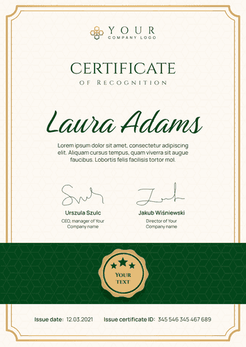 green professional certificate of recognition portrait 12376