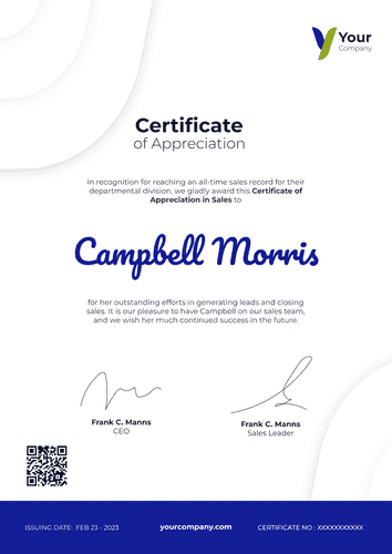 blue professional certificate of appreciation portrait 12549