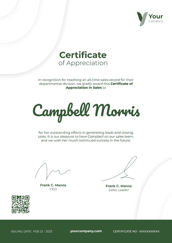 green professional certificate of appreciation portrait 12577