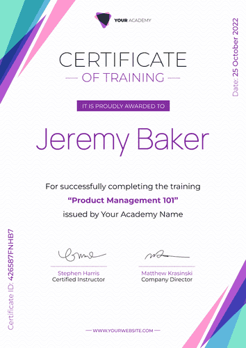 purple modern certificate of training portrait 14303