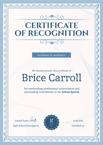 Formal and stately certificate of recognition template portrait