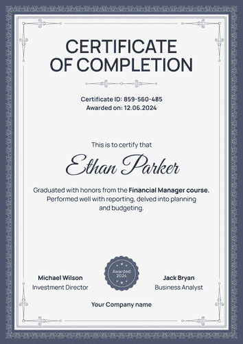 Traditional and formal completion certificate template portrait