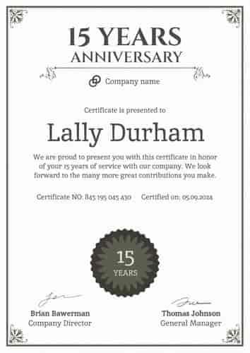 Simple and ornamental work anniversary certificate template portrait