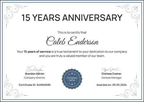 Formal and fancy work anniversary certificate template landscape