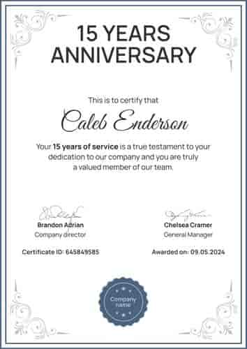 Formal and fancy work anniversary certificate template portrait