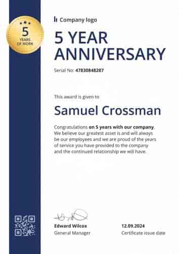 Transparent and professional work anniversary certificate portrait