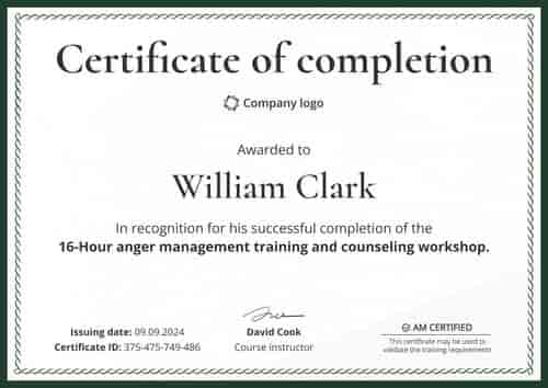 Formal and simple anger management certificate template landscape