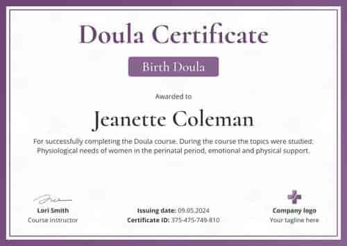 Chic and professional doula certificate template landscape