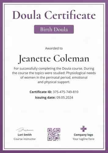 Chic and professional doula certificate template portrait