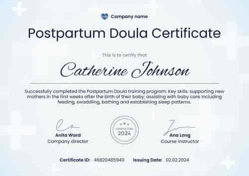 Clinical and professional doula certificate template landscape