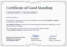 Ornate and professional certificate of good standing template landscape