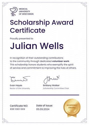 Bright and formal scholarship certificate template portrait