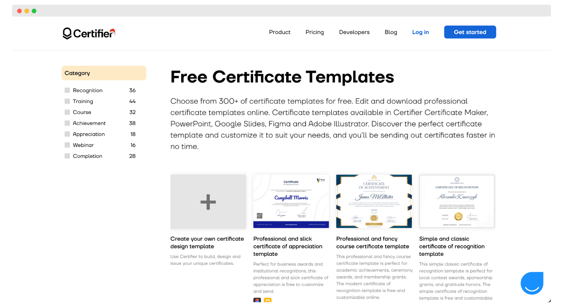 The library of free certificate templates available on Certifier, perfect for online trainings.