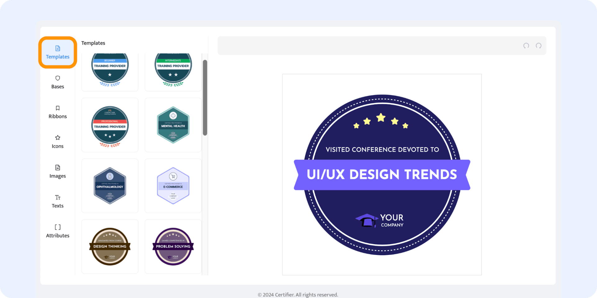 Choosing the badge design template to start creating badges.