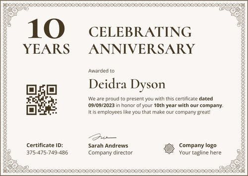 Simple and tweaked work anniversary certificate template landscape