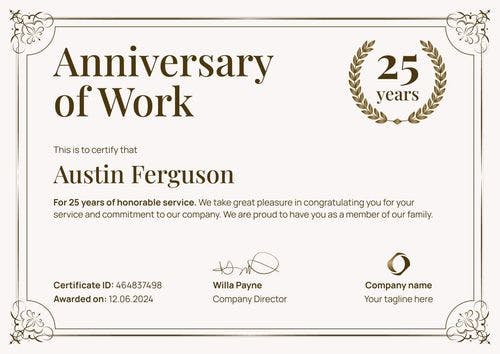 Simple and framed work anniversary certificate template landscape