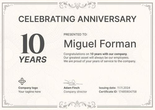 Simple and traditional work anniversary certificate template landscape